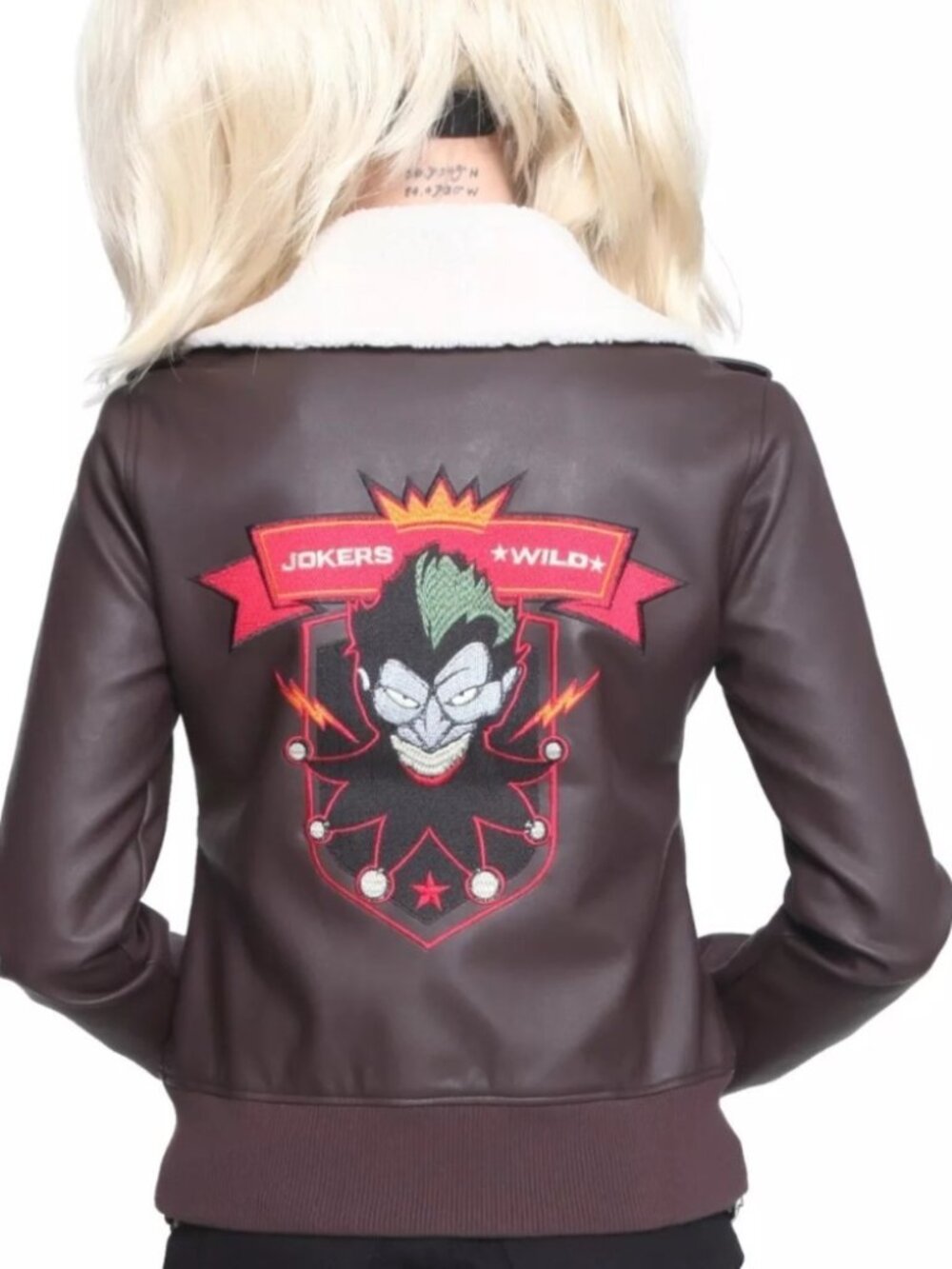 Hot Topic DC Bombshells Harley Quinn Brown Faux Leather Aviator Jacket Juniors L
